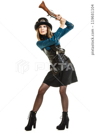 steampunk woman holding a gun isolated. 119681104