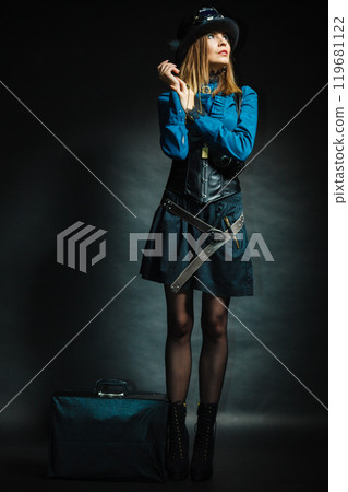 Steampunk girl with retro bag. 119681122