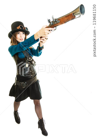 Steampunk girl with rifle. Steampunk girl with rifle. 119681150