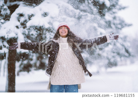 Woman Wearing Fashionable Winter Clothes walking in winter nature. Holidays, rest, concept. Woman Wearing Fashionable Winter Clothes walking in winter nature. Holidays, rest, concept. 119681155