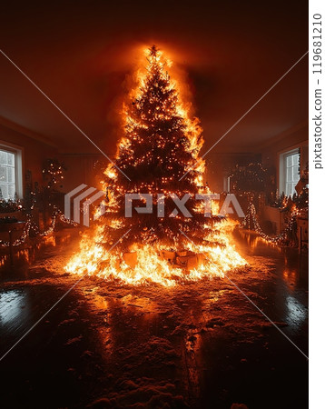 Burning Christmas tree, engulfed in flames, with ornaments and garlands visible, intense fire  119681210