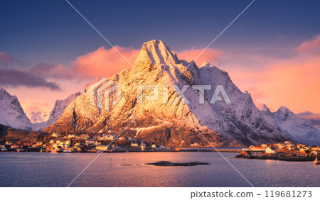 Snowy mountain, sea, village, sky with pink clouds at sunrise Snowy mountain, sea, village, sky with pink clouds at sunrise 119681273