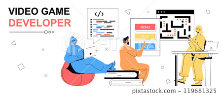 Video game developer concept in flat cartoon design for web banner. People creating new product, write code for different computer games, programming at screen, testing interface. Vector illustration. Video game developer concept in flat cartoon design for web banner. People creating new product, write code for different computer games, programming at screen, testing interface. Vector illustration. 119681325