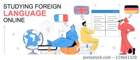 Studying foreign language online concept in flat cartoon design for web banner. People learning english, french, german at online course, talk with natives, work with vocabulary. Vector illustration. Studying foreign language online concept in flat cartoon design for web banner. People learning english, french, german at online course, talk with natives, work with vocabulary. Vector illustration. 119681329