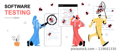 Software testing concept in flat cartoon design for web banner. People looking for software errors, finding bugs in program code, fixing mistakes, debugging code, doing analysis. Vector illustration. Software testing concept in flat cartoon design for web banner. People looking for software errors, finding bugs in program code, fixing mistakes, debugging code, doing analysis. Vector illustration. 119681330