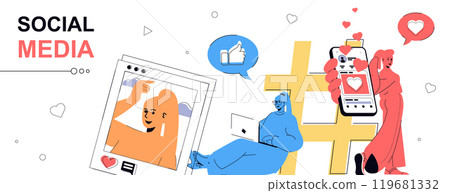 Social media concept in flat cartoon design for web banner. People networking, communicating online, making posts with photos, sharing digital information in chats and groups. Vector illustration. Social media concept in flat cartoon design for web banner. People networking, communicating online, making posts with photos, sharing digital information in chats and groups. Vector illustration. 119681332