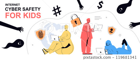 Internet cyber safety for kids concept in flat cartoon design for web banner. People take care about children and protecting online privacy, using parental control software. Vector illustration. Internet cyber safety for kids concept in flat cartoon design for web banner. People take care about children and protecting online privacy, using parental control software. Vector illustration. 119681341