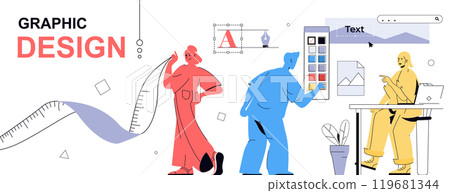 Graphic design concept in flat cartoon design for web banner. People doing creative project and branding, working with color palettes and drawing images, making advertising. Vector illustration. Graphic design concept in flat cartoon design for web banner. People doing creative project and branding, working with color palettes and drawing images, making advertising. Vector illustration. 119681344