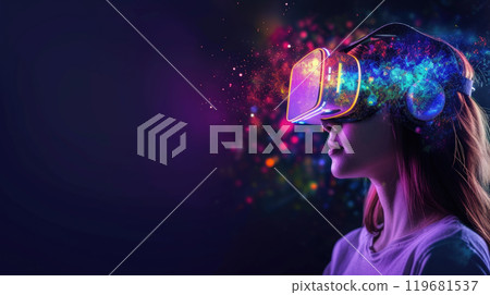 Young woman using glowing VR glasses on dark background, adult girl playing futuristic headset with neon light. Concept of technology, virtual reality, digital 119681537