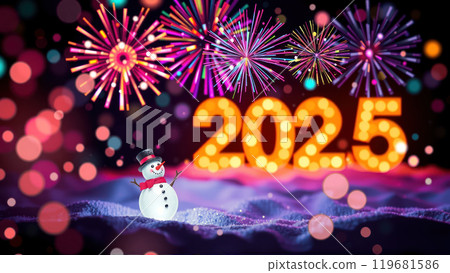 Snowman with fireworks celebrating 2025. AI generation 119681586