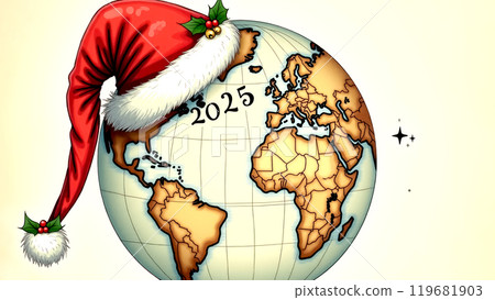 Globe with Santa hat and 2025 text. AI generation 119681903