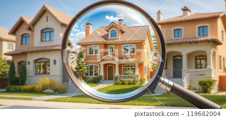 A closer look at your own home, apartment or house with a magnifying glass, house hunting, buying a house or financing a apartment A closer look at your own home, apartment or house with a magnifying glass, house hunting, buying a house or financing a apartment 119682004