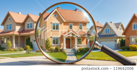 A closer look at your own home, apartment or house with a magnifying glass, house hunting, buying a house or financing a apartment 119682006