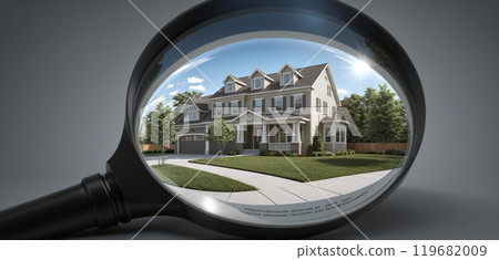 A closer look at your own home, apartment or house with a magnifying glass, house hunting, buying a house or financing a apartment 119682009