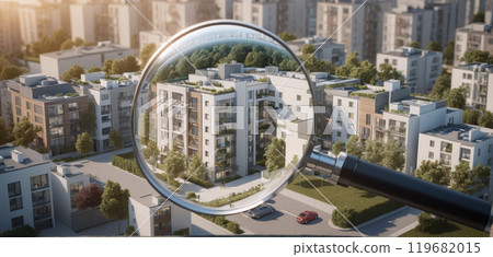 A closer look at your own home, apartment or house with a magnifying glass, house hunting, buying a house or financing a apartment 119682015