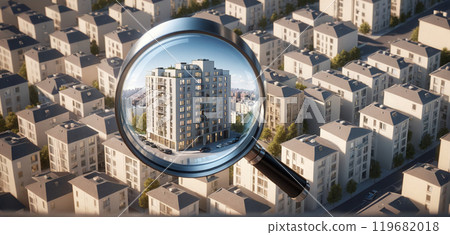 A closer look at your own home, apartment or house with a magnifying glass, house hunting, buying a house or financing a apartment 119682018