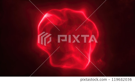 A glowing fiery abstract digital sphere with vibrant orange, red, and purple hues, floating against a dark ethereal background energy 119682036
