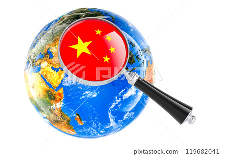 Chinese flag under magnifying glass with Earth Globe, 3D rendering Chinese flag under magnifying glass with Earth Globe, 3D rendering 119682041