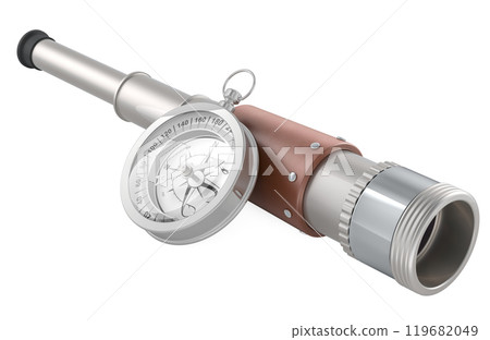 Solid Handheld Telescope with Compass. 3D rendering Solid Handheld Telescope with Compass. 3D rendering 119682049