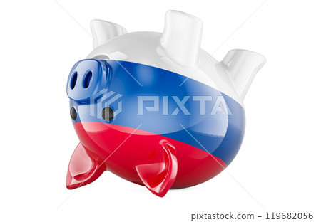 Russian financial crisis, concept. Inverted piggy bank with flag of Russia. 3D rendering Russian financial crisis, concept. Inverted piggy bank with flag of Russia. 3D rendering 119682056