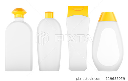 White plastic cosmetic bottles mockup. Shampoo, balm, conditioner or oil bottles. 3D rendering White plastic cosmetic bottles mockup. Shampoo, balm, conditioner or oil bottles. 3D rendering 119682059