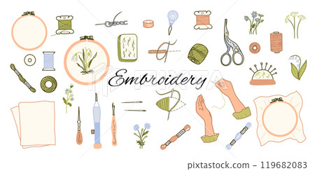 Needlework Set. Hand drawn Vector illustration. Embroidery Tools, Threads Spools, Needles and sewing woman hands in doodle style. Colored art isolated on white background. 119682083