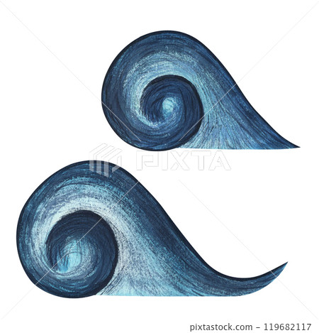 Watercolor Blue Waves Illustration. Abstract Wavy Sea Lines Isolated on White Background. Hand drawn Clip art storm in the ocean for design poster, postcard or banner 119682117