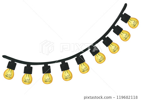 Watercolor illustration of street electric garland of light bulbs. Glowing decorative lanterns on transparent background. Bright bulbs for poster, postcard or banner design 119682118