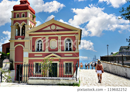 Beautiful views of the Panagia Mandrakina Orthodox Church. Also dedicated to the Virgin Mary and Agios Panteleimonas. Corfu, Greece 119682252