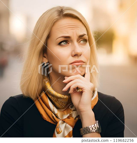 American woman with thinking gesture 119682256