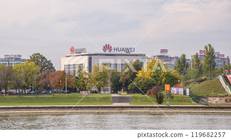 Huawei Technologies Co. Ltd. office headquarters building in Belgrade, capital of Serbia 119682257