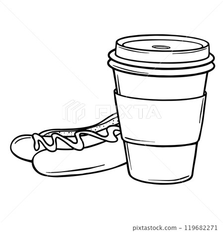 Paper coffee cup sketch and Hot dog. Coffee to go and sausage in bread outline drawing painted by black inks. Hand drawn vector illustration on white. Monochrome picture Coffee hot drink take away Paper coffee cup sketch and Hot dog. Coffee to go and sausage in bread outline drawing painted by black inks. Hand drawn vector illustration on white. Monochrome picture Coffee hot drink take away 119682271