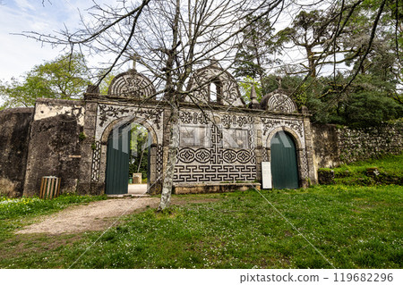 Building on the way to the cross, via crucis, trail on ancient forest of Bussaco in Luso, Aveiro in Portugal. 119682296