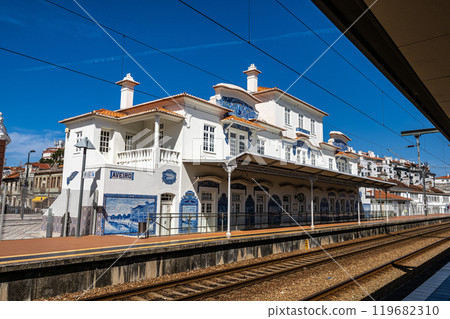 Historic building of old Aveiro Railway station ornamented with typical blue azulejos Historic building of old Aveiro Railway station ornamented with typical blue azulejos 119682310