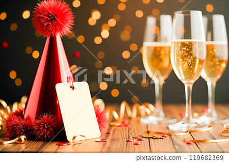 New year party hat and champagne glasses with blank tag on table. AI generation 119682369