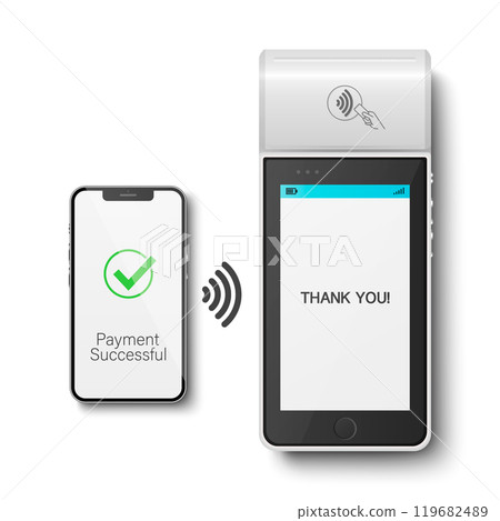 Vector 3D Realistic White NFC Payment Terminal and Smartphone Closeup. Successful Payment, Transaction. Payment Machine, Approved Status. Design Template, Bank Payment Contactless Terminal 119682489