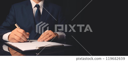 Businessman signing agreement. Lawyer in office Businessman signing agreement. Lawyer in office 119682639