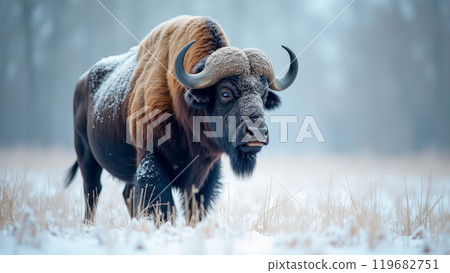 Majestic bison standing in snow-covered field on a misty winter day. AI generation 119682751