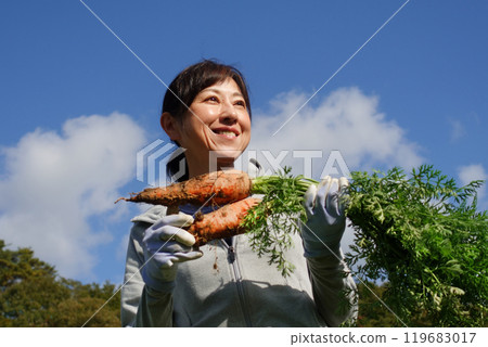 拿著收穫的胡蘿蔔的中年婦女 119683017