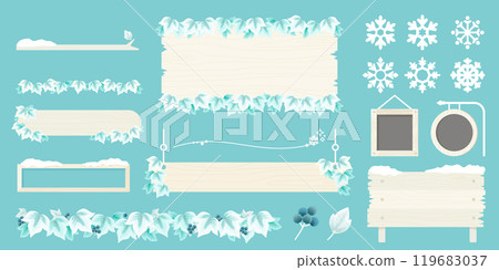 Natural wood frame set for winter (vector, decoration, sign, snowflake, no text) 119683037