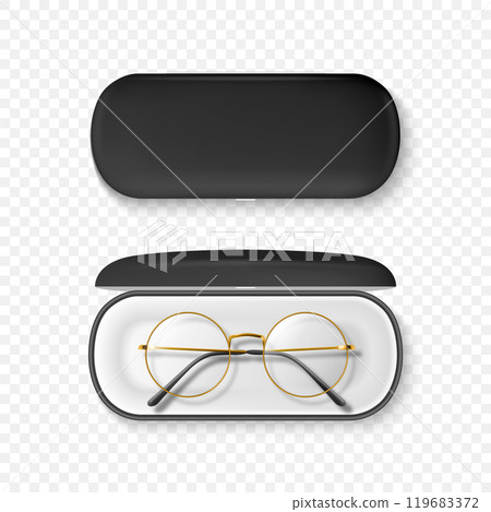 Vector 3D Realistic Round Frame Glasses and Case Set. Black Sunglasses and Closed Case. Vintage Eyeglasses and Case, Top View. Design Template for Optics and Eyewear Branding Vector 3D Realistic Round Frame Glasses and Case Set. Black Sunglasses and Closed Case. Vintage Eyeglasses and Case, Top View. Design Template for Optics and Eyewear Branding 119683372