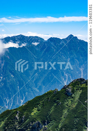 View of Mt. Harinoki and Mt. Renge from the northern peak of Mt. Betsuyama. Climbing Mt. Tsurugi in the Northern Alps 119683381
