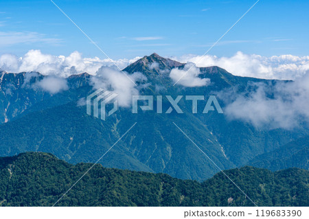 Mount Kashima-Yari seen from the northern peak of Mount Betsuyama. Climbing Mount Tsurugi in the Northern Alps Mount Kashima-Yari seen from the northern peak of Mount Betsuyama. Climbing Mount Tsurugi in the Northern Alps 119683390