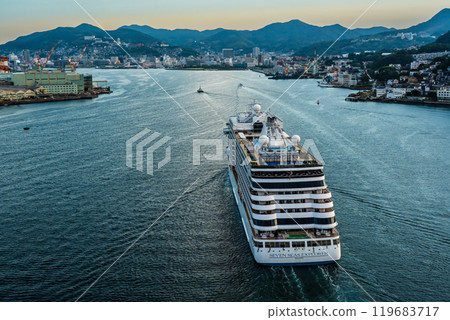 Cruise ship arriving at Nagasaki Port (SevenSeas Explorer) from Megami Ohashi Bridge [Nagasaki City] 119683717