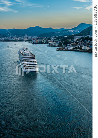 Cruise ship arriving at Nagasaki Port (SevenSeas Explorer) from Megami Ohashi Bridge [Nagasaki City] 119683730