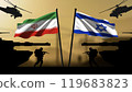 Israel versus Iran, the two armies face off in battle, with the flags of both countries against a blurred background 119683823