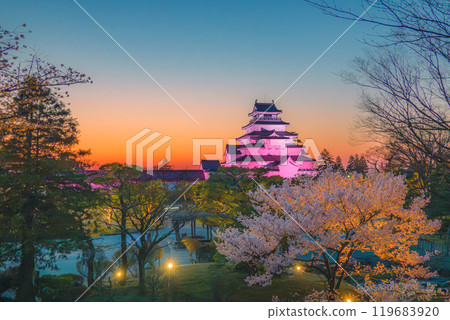 黃昏時分染上櫻花色的敦賀城 119683920