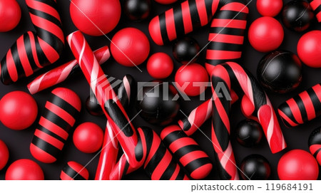 A collection of red and black candies and balls 119684191