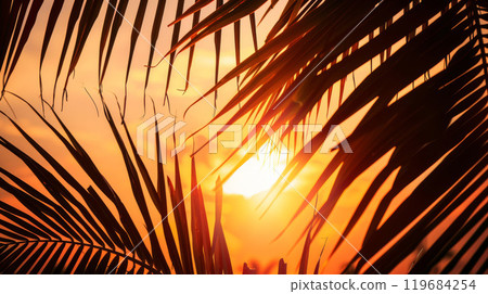 Silhouette of Palm Leaves Framing the Dusk Sky Silhouette of Palm Leaves Framing the Dusk Sky 119684254