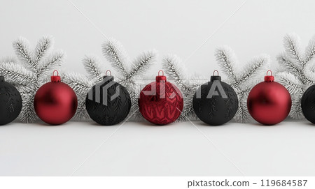 A row of Christmas ornaments with a red one in the middle A row of Christmas ornaments with a red one in the middle 119684587